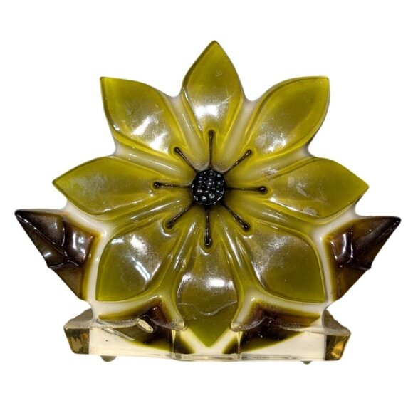 Vintage Resin Flower Napkin/Letter Holder Green & Brown Handmade MCM - Picture 8 of 15